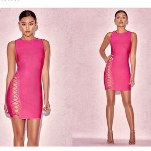 House Of CB, 'Sakara' Hot Pink Side Lace Bandage Dress, Size L
